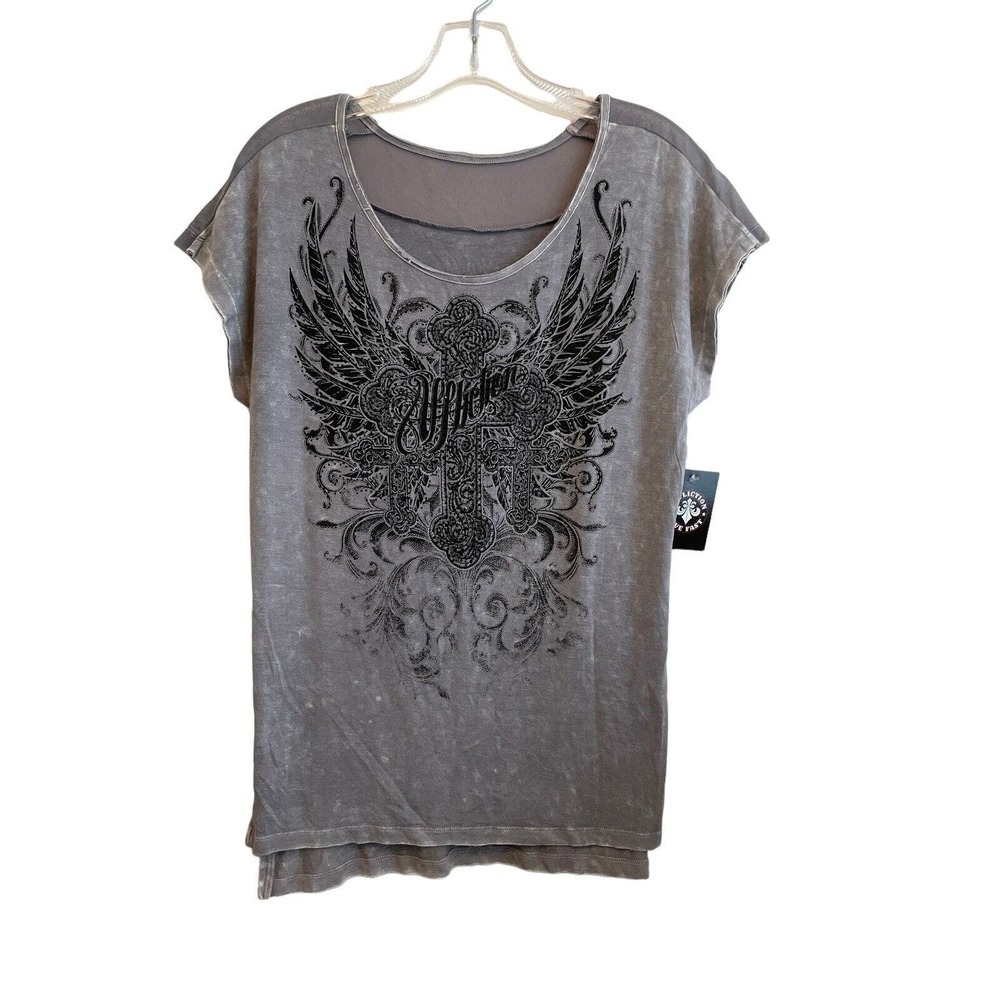 NWT Affliction Caldwell Creek T-Shirt Women‎ Size Small Gray Rhinestones Wings - Picture 3 of 7